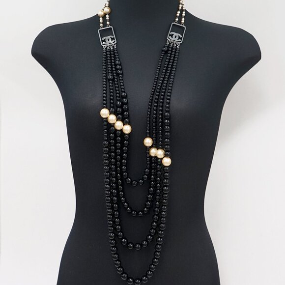 CHANEL CC Multi Strand Black Pearl Long Necklace 48" Gold Tone Auth - Picture 1 of 7